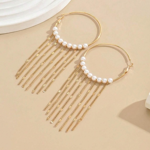 Boho Gold Tone Faux Pearl Tassel Dangle Hoop Earrings - Picture 2 of 4